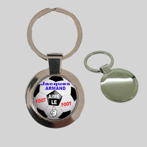 Porte-clé rond 25 mm design football - Personnalisable avec nom et prénom