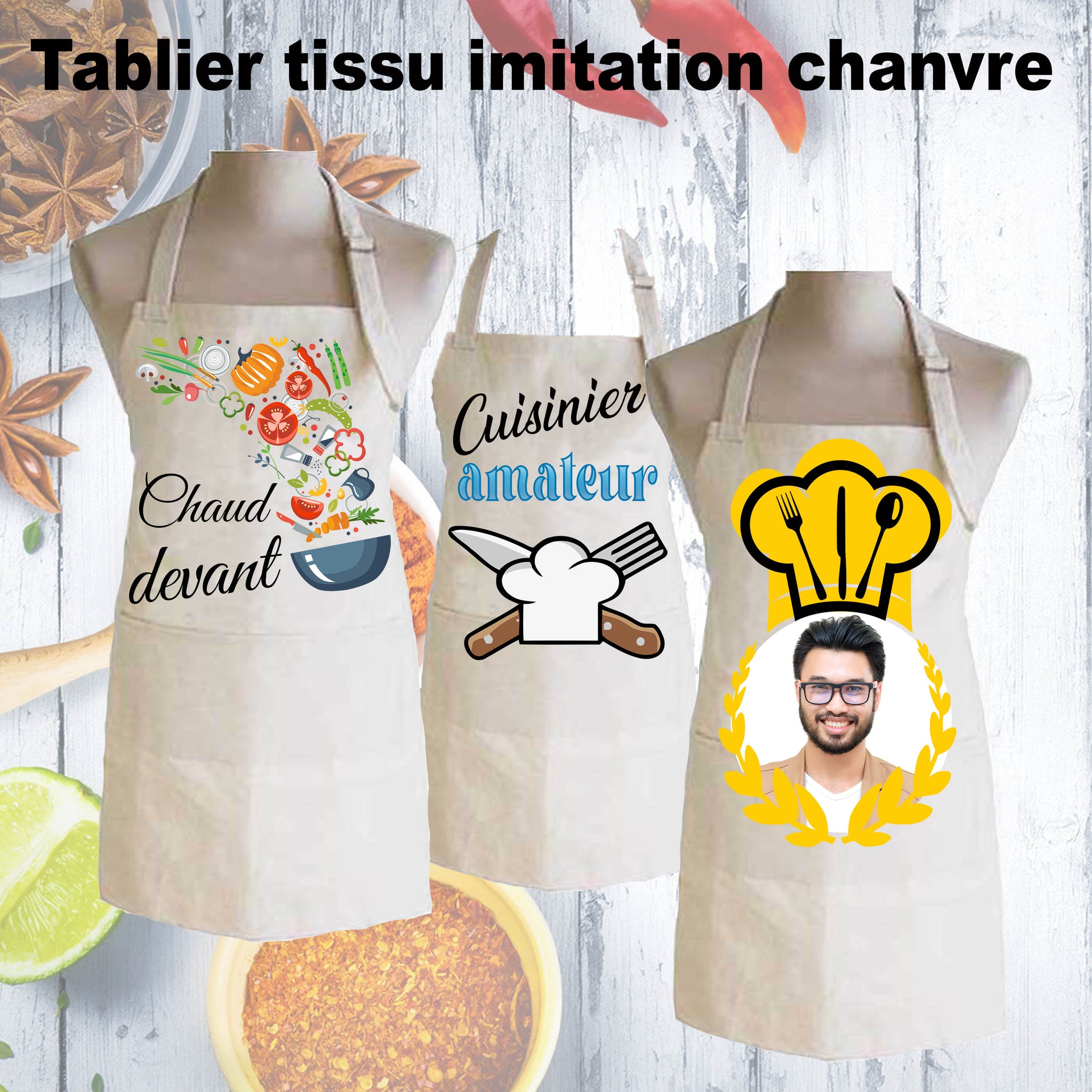 Tablier de cuisine à personnaliser tissu imitation chanvre KDO UNIQUE